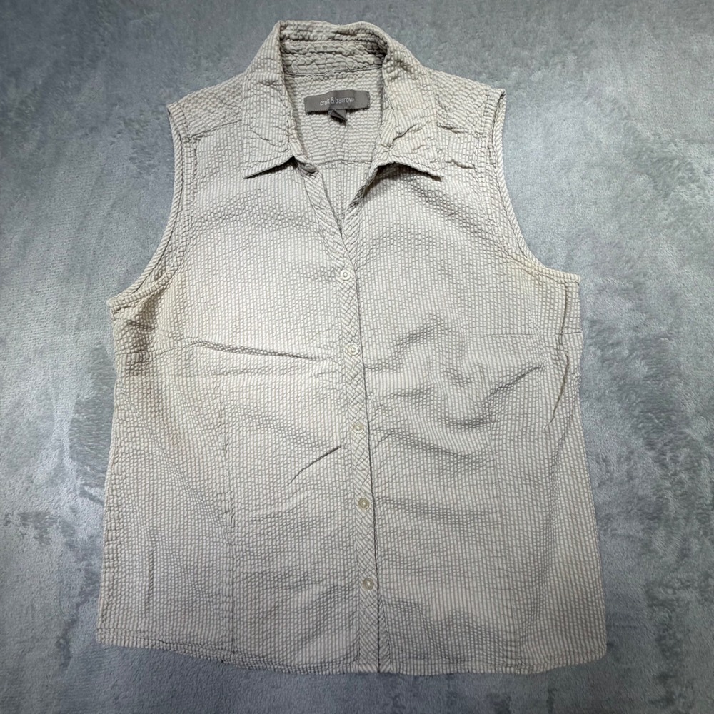 Vintage Croft & Barrow Large Tan White 100% Cotton Seersucker Sleeveless Top